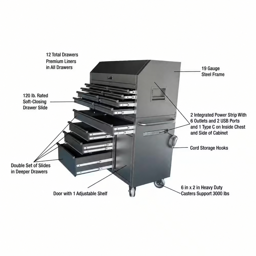 HD 46 In. Wide 24.5 In. Deep 12-Drawer Tool Chest and Rolling Cab Set, Matte Black — product view 5