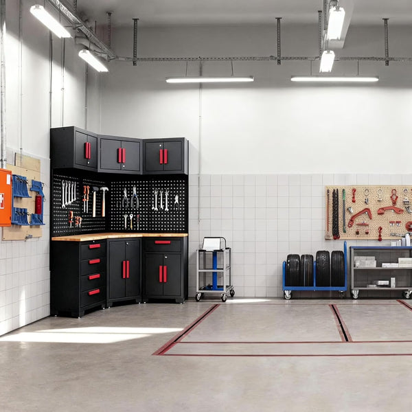 Garage Cabinet Storage System Built for Tool Organization, 10-Piece Corner Set, Cold-Rolled Steel, Pegboard