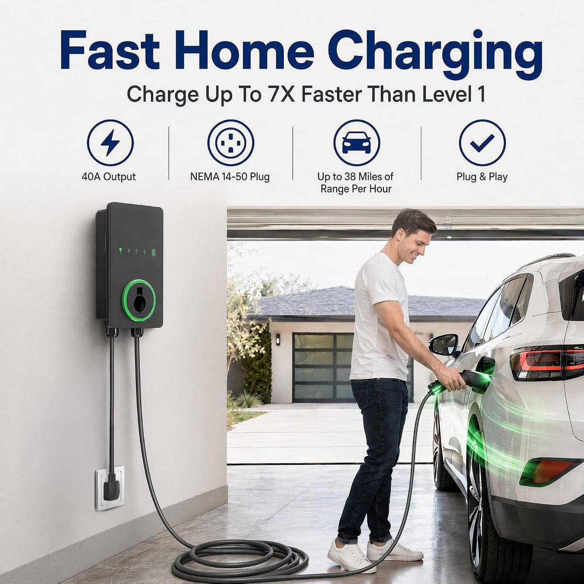 40A Level 2 EV Charger, 240V NEMA 14-50 J1772, Wifi, 25Ft Cable — product view 2