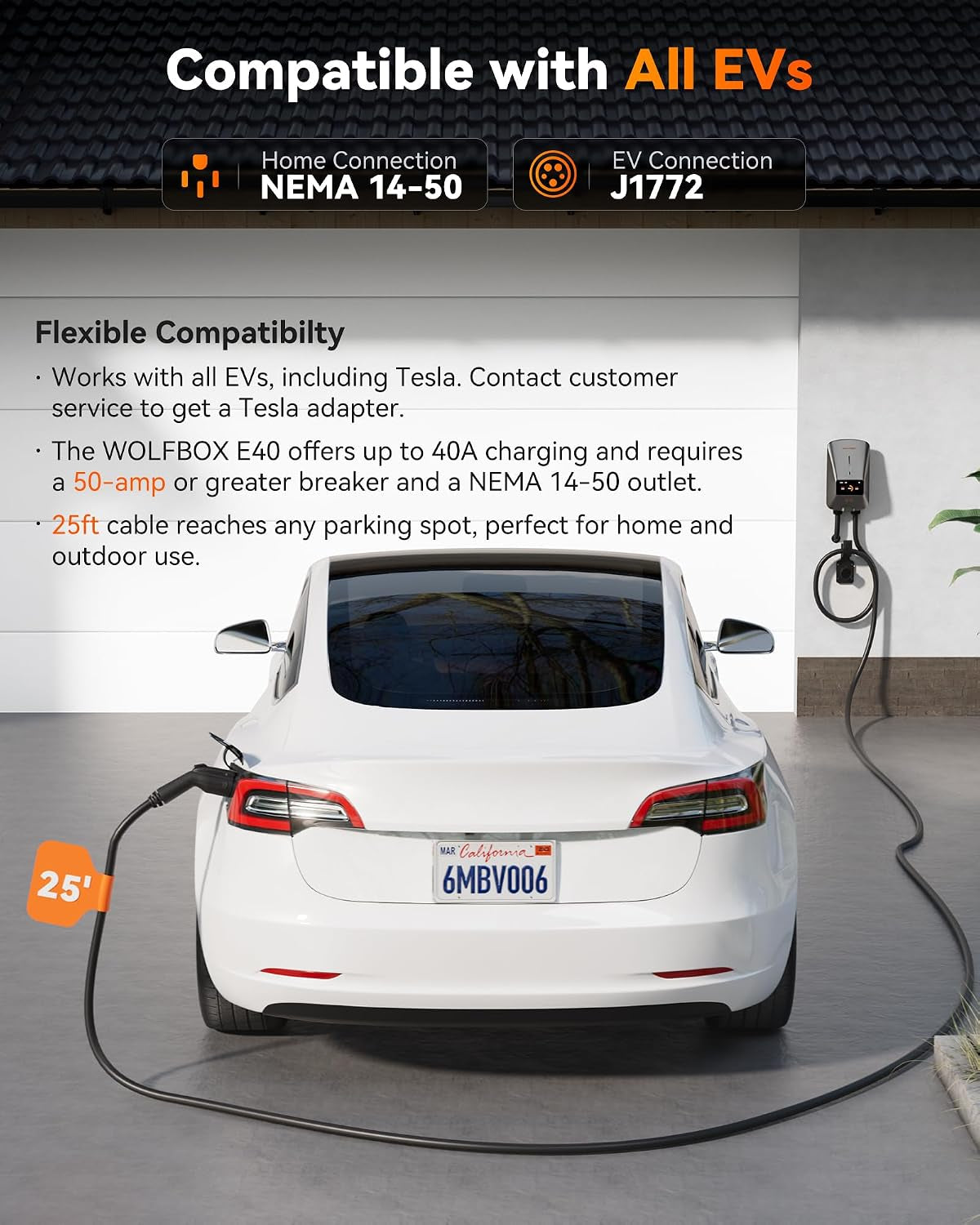 Level 2 EV Charger 40Amp - NEMA 14-50 EVSE with J1772 Connector - CSA Certified Wall Home EV Charger - 25FT Cable,Outdoor/Indoor,Rfid Card,Wifi Enabled, 240V Electric Vehicle Charging Station