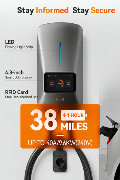 Level 2 EV Charger 40Amp - NEMA 14-50 EVSE with J1772 Connector - CSA Certified Wall Home EV Charger - 25FT Cable,Outdoor/Indoor,Rfid Card,Wifi Enabled, 240V Electric Vehicle Charging Station — product view 2