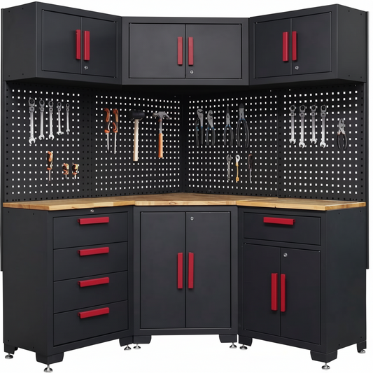 Red Garage Cabinet Storage System 10-Pcs Corner Workshop Set Garage Cabinet and Storage System for Tool Organization