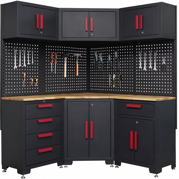 Red Garage Cabinet Storage System 10-Pcs Corner Workshop Set Garage Cabinet and Storage System for Tool Organization